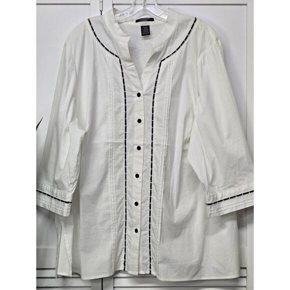 Autograph Woman Boho Embroidered Ribbon Detail Collarless Button Up Blouse SZ 3X - Picture 1 of 6